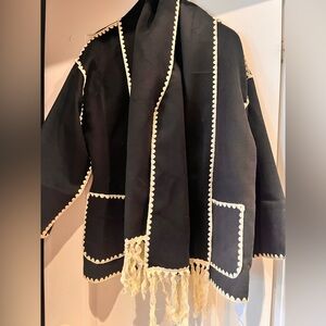 Black Jacket with Cream Trim and Matching Scarf